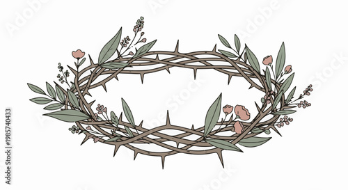 A thorny crown adorned with delicate flowers and leaves