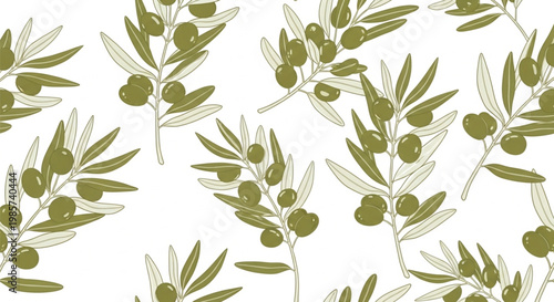 Olive branch pattern, green leaves, seamless design, vector illustration, botanical texture