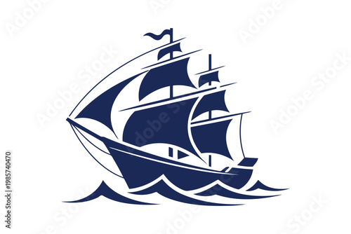 Sailing ship on waves vector icon vintage nautical transportation illustration art.