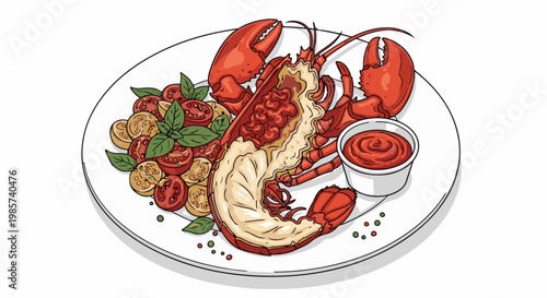 A whole cooked lobster served with cherry tomatoes, basil, and a side of dipping sauce