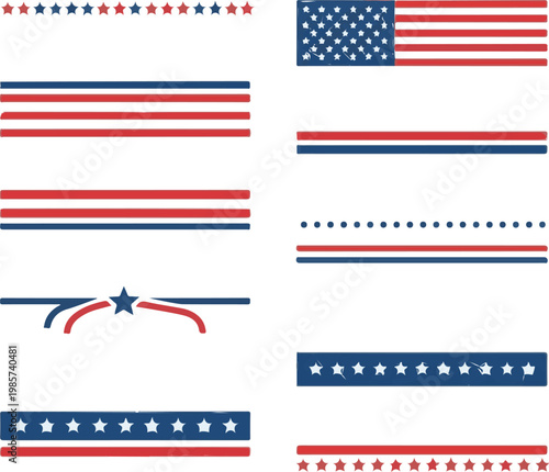 Collection of patriotic American flag inspired design elements featuring red, white, and blue stripes and stars for national celebrations and events.