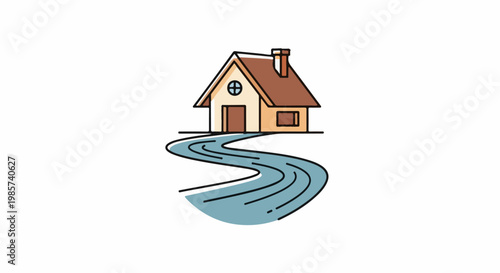 A stylized, simple house sits atop a curving, stylized blue river