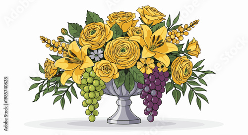 A vibrant still life featuring a silver urn overflowing with yellow lilies, roses, and grapes
