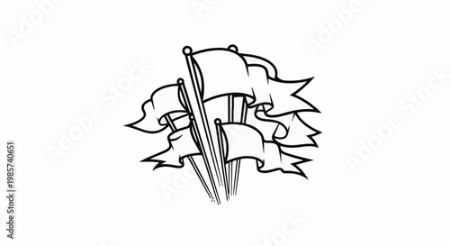 A stylized sketch of several blank flags waving in the wind