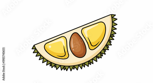 A stylized slice of durian fruit with yellow segments and a brown seed