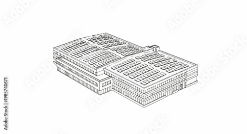 A stylized sketch shows a large, multi-story building with a grid-like roof