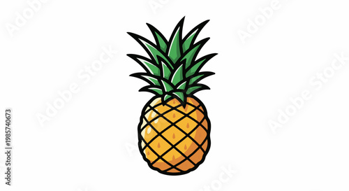 A vibrant, stylized depiction of a ripe pineapple with a textured rind and spiky green leaves