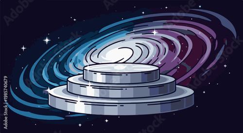 A tiered pedestal rests before a vibrant blue and purple swirling galaxy in the vastness of space