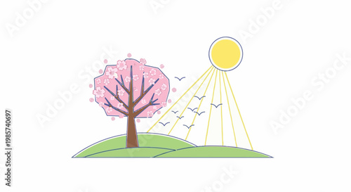 A stylized spring scene with a blooming tree, sun, and birds in flight
