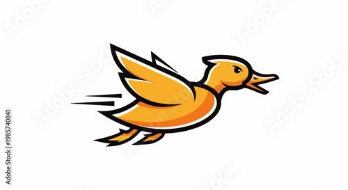 A stylized yellow duck, mid-flight, with speed lines trailing behind