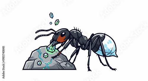 A stylized black ant with a glowing blue abdomen collects sparkling gems