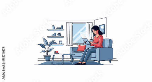 A woman sits on a couch, engrossed in her tablet, in a modern living room
