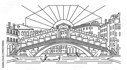 Venice Rialto Bridge with Sunrise in Linear Style