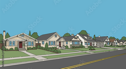 A suburban street with a row of detached houses and trees under a clear blue sky