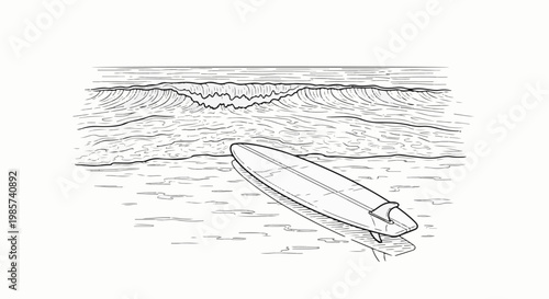 A surf board rests on a sandy shore with waves rolling in the ocean