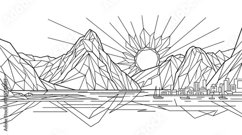 Abstract Geometric Mountain Landscape with Sun