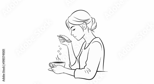 A woman adding sugar cubes to a steaming cup of coffee
