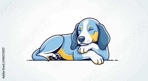 A stylized, blue and yellow cartoon dog lies peacefully with closed eyes
