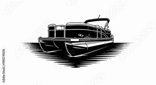 A stylized black and white illustration of a pontoon boat on water