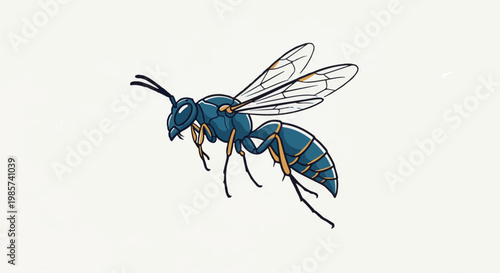 A stylized blue and yellow wasp with transparent wings is depicted mid-flight