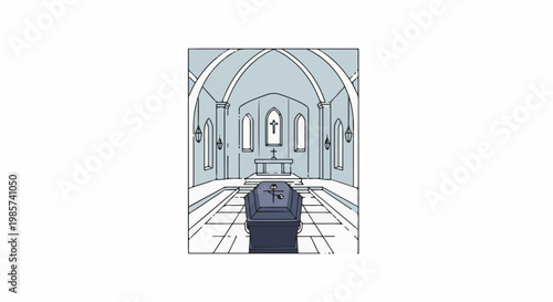 A solemn church interior features a dark coffin in the aisle, facing the altar