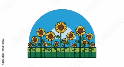 A stylized illustration of a field of sunflowers under a blue sky