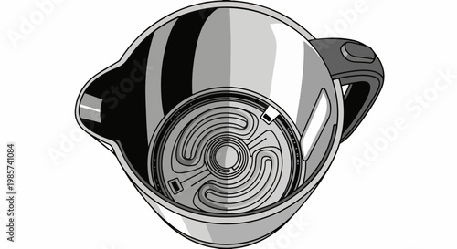 A top-down illustration of a modern electric kettle with a detailed heating element