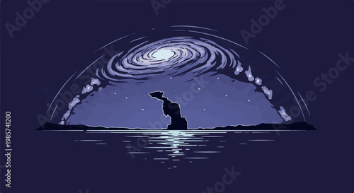 A solitary rock formation stands in the ocean beneath a swirling cosmic vortex