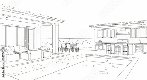A sketch of a luxury outdoor living space with pool, seating, and kitchen
