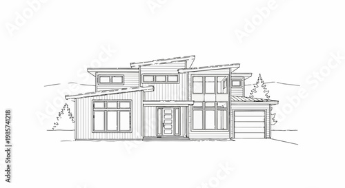 A sketch of a modern house with multiple levels, large windows, and an attached garage