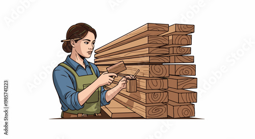A woman in an apron works on wooden planks near a large stack