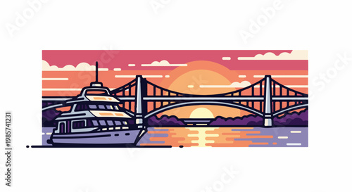A stylized boat navigates calm waters under a vibrant sunset near a suspension bridge