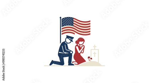 Memorial Day Mourning Officer and Woman at Grave