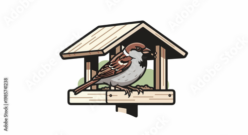 A sparrow perches on a wooden bird feeder holding seeds in its beak