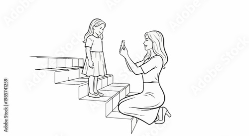 A woman kneels on steps photographing a young girl standing on higher steps