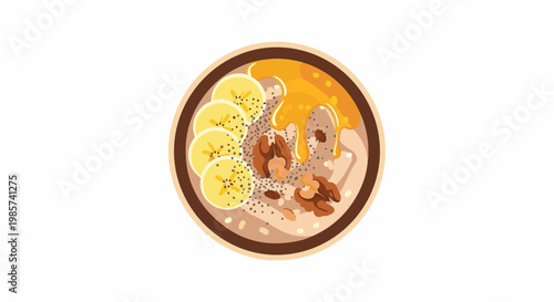 A top-down view of a bowl of oatmeal with bananas, walnuts, seeds and honey