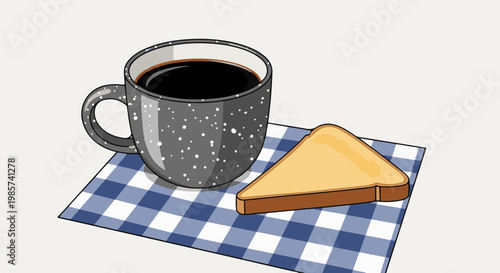 A speckled coffee mug sits beside a toasted bread slice on a checkered cloth