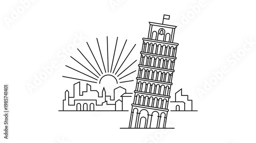 Minimalist Line Art of Leaning Tower of Pisa and Cityscape