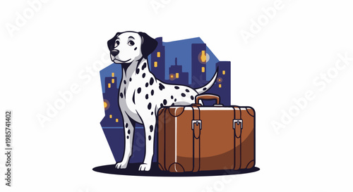 A spotted dog stands beside a brown suitcase with a city skyline behind