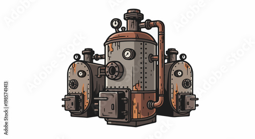 A vintage industrial steam boiler unit with pressure gauges and pipes