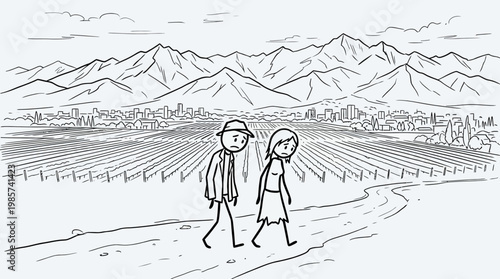 Sad Couple Walking Through Vineyard Towards City