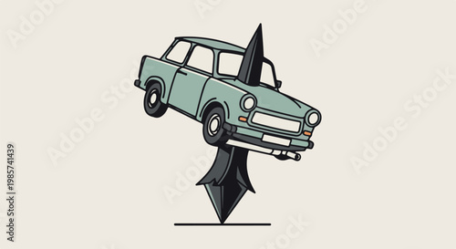 A vintage light blue car is impaled by a sharp black arrow from below