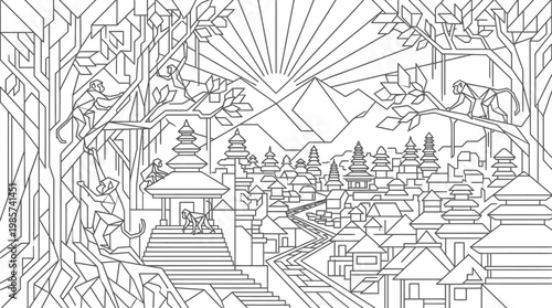 Geometric Black and White View of a Balinese Temple Complex