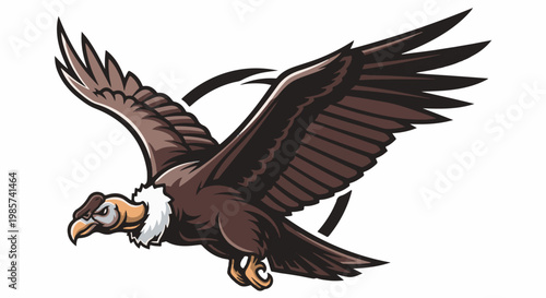 A stylized brown bird of prey with outstretched wings soars against a white background