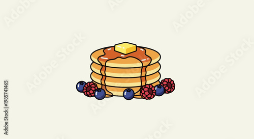 A stack of golden pancakes drizzled with syrup and topped with butter, surrounded by berries