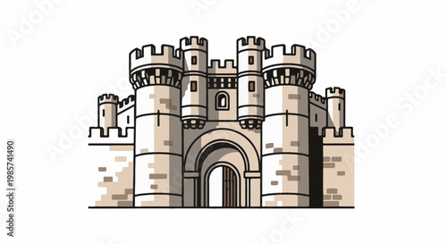 A stylized illustration of a fortified stone castle with turrets and an arched gateway