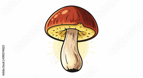 A whimsical, cartoon-style mushroom glows with a soft yellow aura