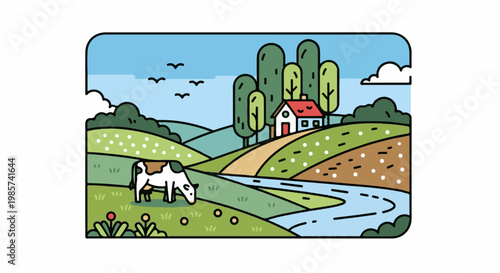 A whimsical farm scene with rolling hills, a stream, a cow, and a small house