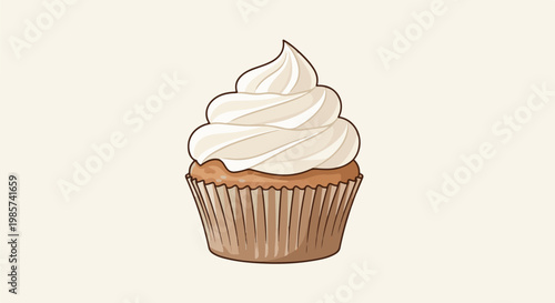 A simple, stylized illustration of a vanilla cupcake with swirled frosting