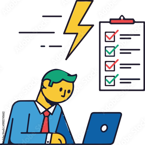 Professional worker using a laptop while completing urgent tasks from a checklist during a very busy day at work